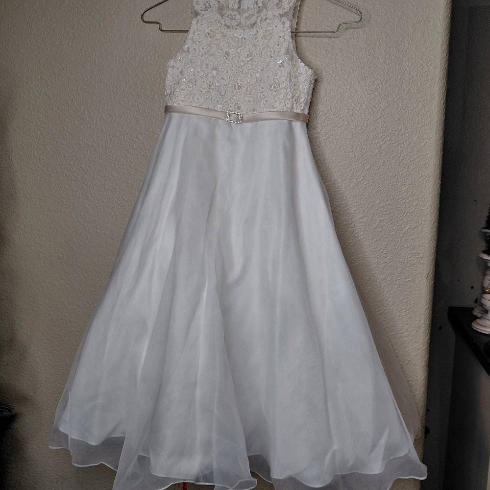 Davids Bridal Girls 4 Ivory Lace Pearl Organza Flower Girl Dress E8095 Wedding